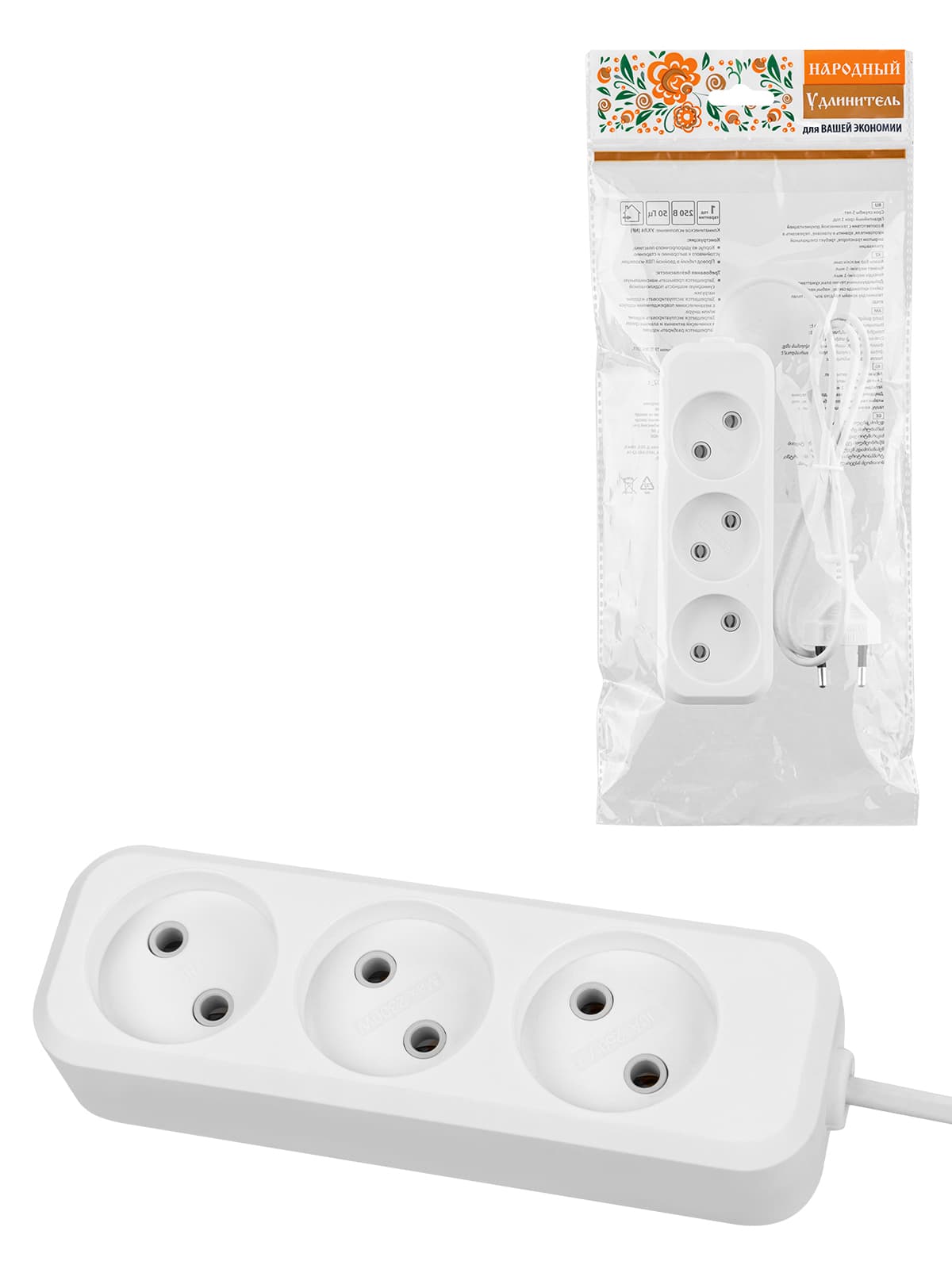 Удлинитель 3 гнезда, 5 метров, б/з, 6 А, 1380 Вт, белый, НАРОДНЫЙ У-31011 (Ун 310-0001)