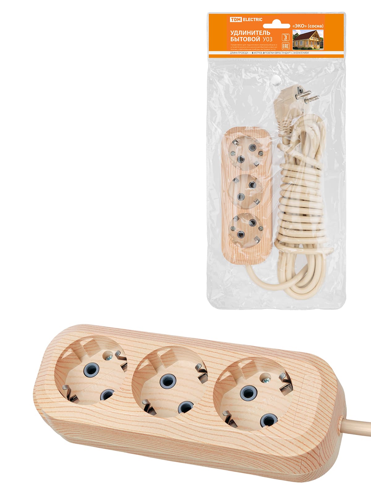 Удлинитель бытовой У03 3 гнезда, 5метров,2П+3, ПВС 3х1мм2 "Эко" (сосна) 16А/250В TDM