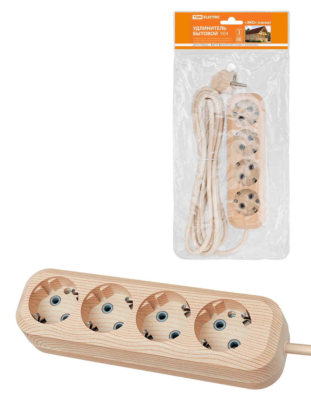Удлинитель бытовой У04 4 гнезда, 3метра,2П+3, ПВС 3х1мм2 "Эко" (сосна) 16А/250В TDM