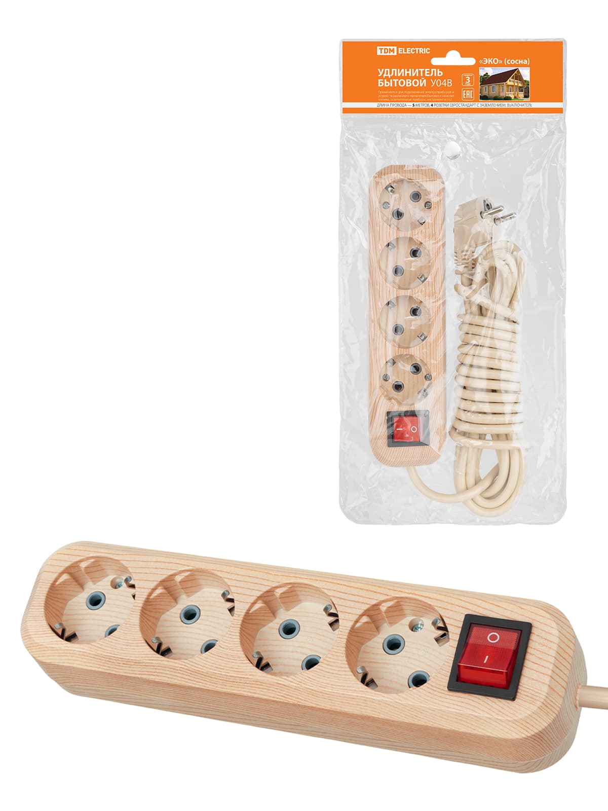 Удлинитель бытовой  У04В выключатель, 4 гнезда, 5метров,2П+3, ПВС 3х1мм2 "Эко" (сосна) 16А/250В TDM