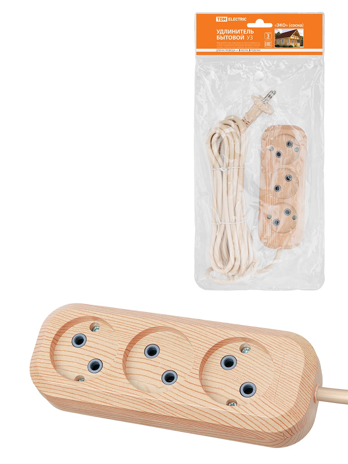 Удлинитель бытовой У3 3 гнезда, 3метра,2П б/з, ПВС 2х0,75мм2 "Эко" (сосна) 10А/250В TDM
