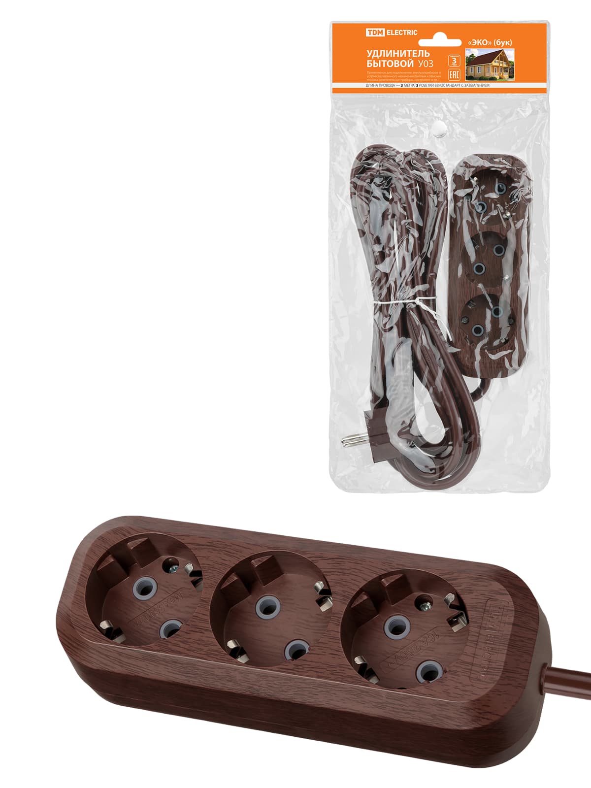 Удлинитель бытовой У03 3 гнезда, 3метра,2П+3, ПВС 3х1мм2 "Эко" (бук) 16А/250В TDM