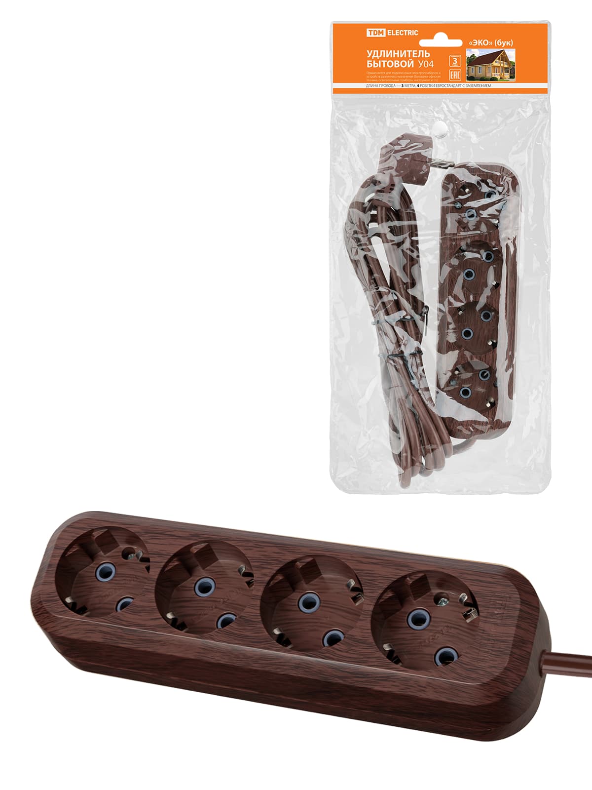 Удлинитель бытовой У04 4 гнезда, 3метра,2П+3, ПВС 3х1мм2 "Эко" (бук) 16А/250В TDM