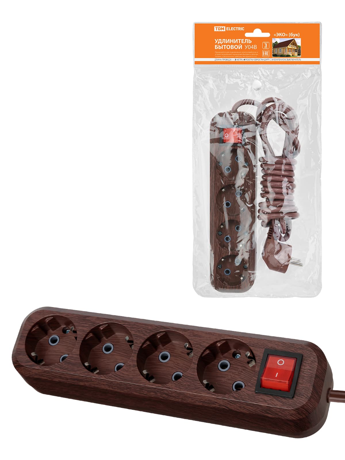 Удлинитель бытовой  У04В выключатель, 4 гнезда, 3метра,2П+3, ПВС 3х1мм2 "Эко" (бук) 16А/250В TDM