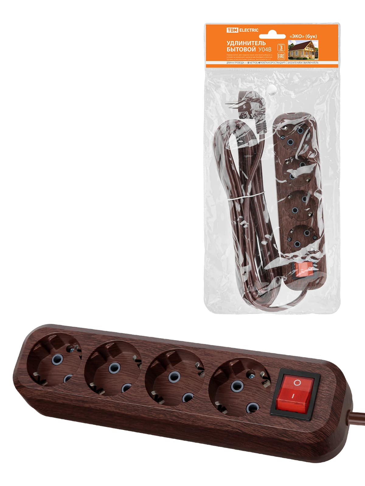 Удлинитель бытовой  У04В выключатель, 4 гнезда, 5метров,2П+3, ПВС 3х1мм2 "Эко" (бук) 16А/250В TDM