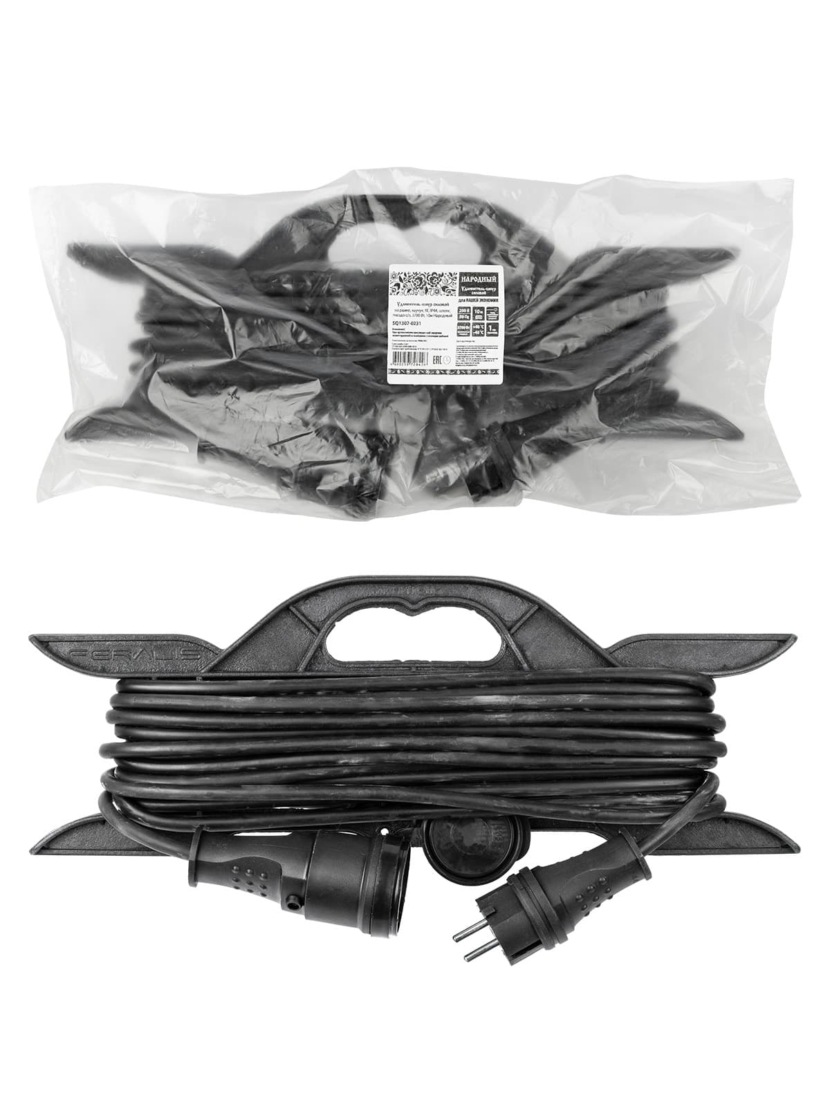 Удлинитель-шнур силовой на рамке, каучук, КГ, IP44, штепс. гнездо с/з, 3500 Вт, 10 м Народный У1-12048 (Ун1 130 0001)