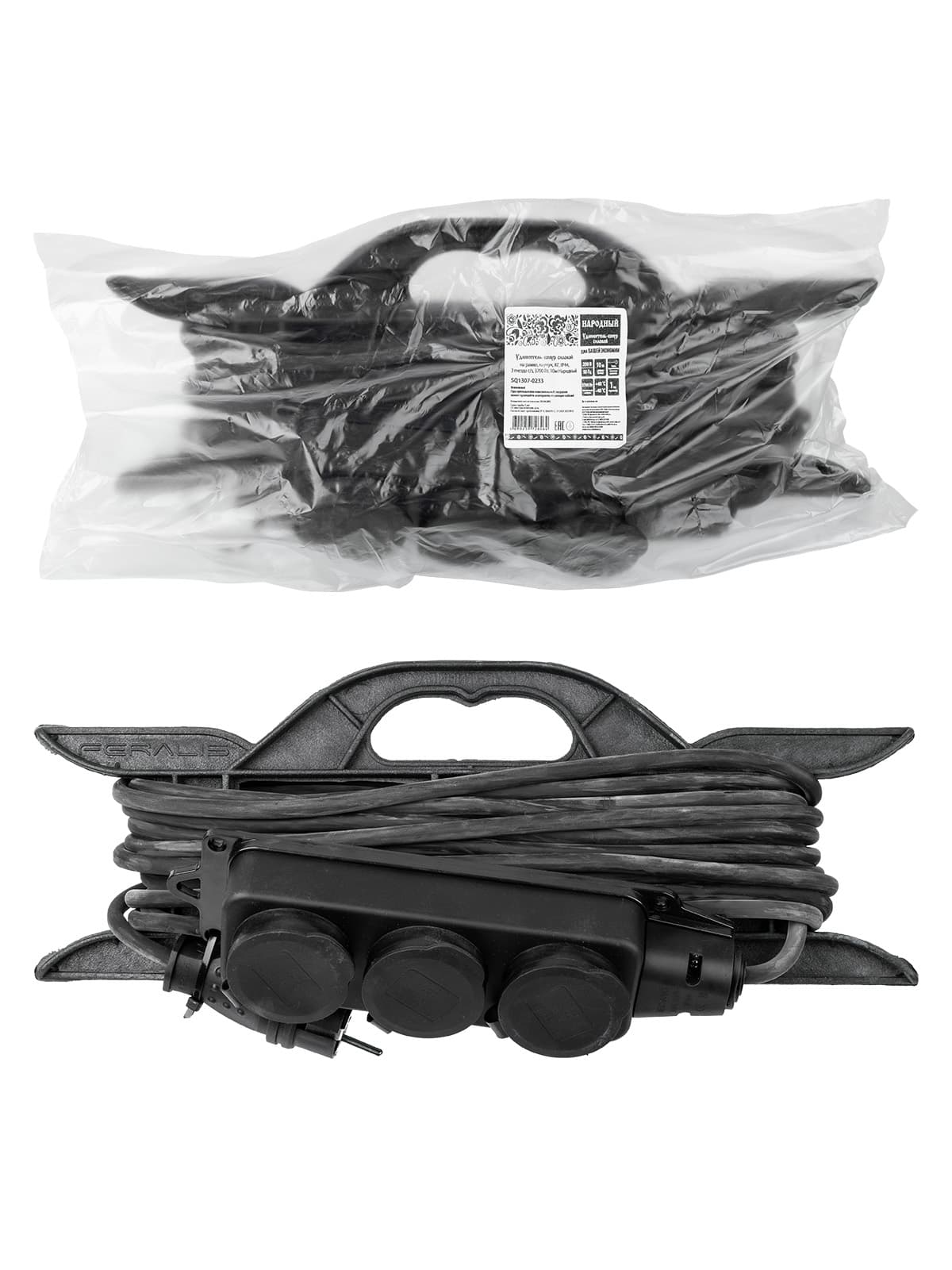 Удлинитель-шнур силовой на рамке, каучук, КГ, IP44, 3 гнезда с/з, 3500 Вт, 10 м Народный У1-33263 (Ун1 330 0001)