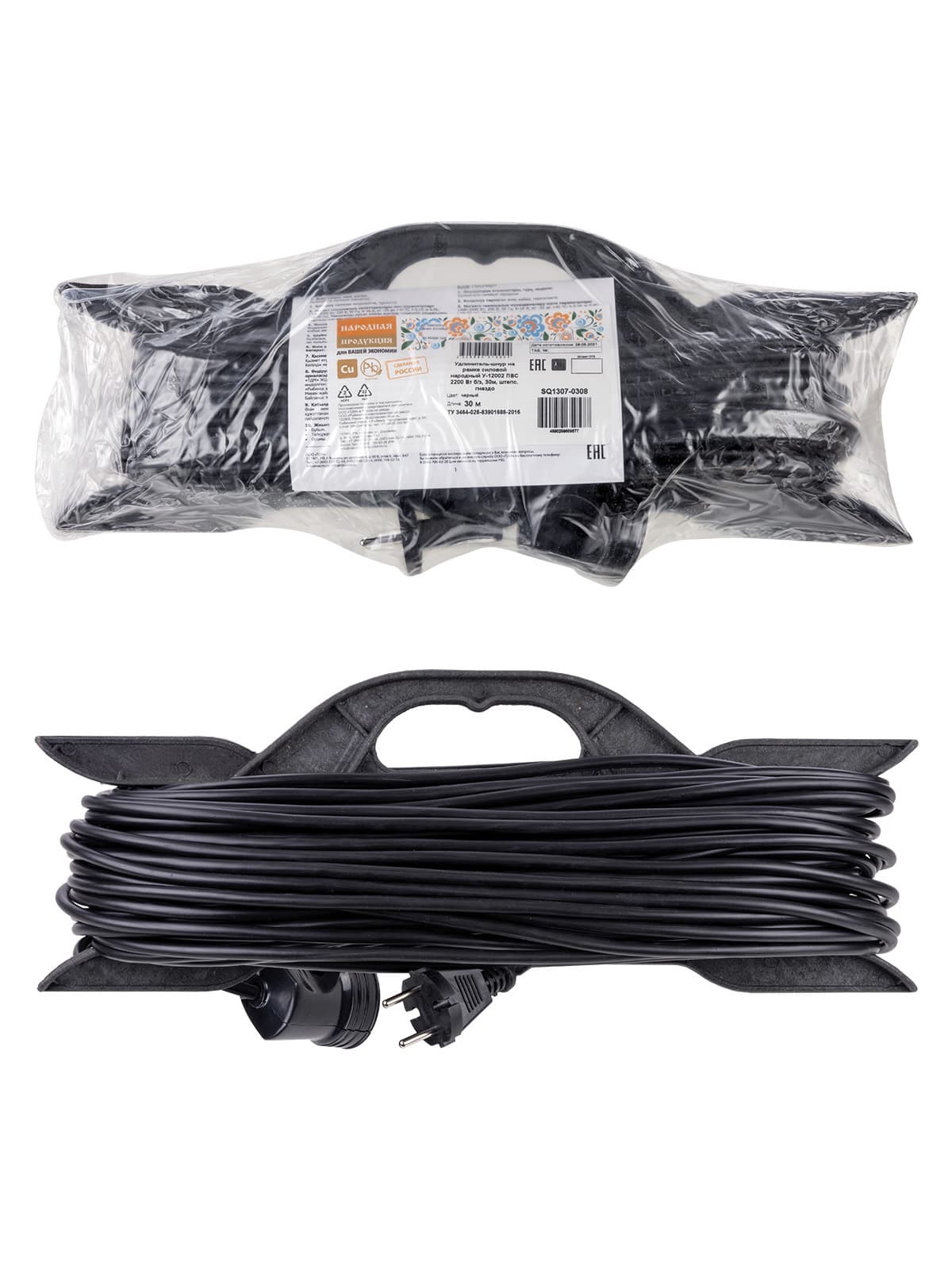 Удлинитель-шнур на рамке силовой народный ПВС 2200 Вт б/з, 30м, штепс. гнездо У-12007 (Ун 120 0001)