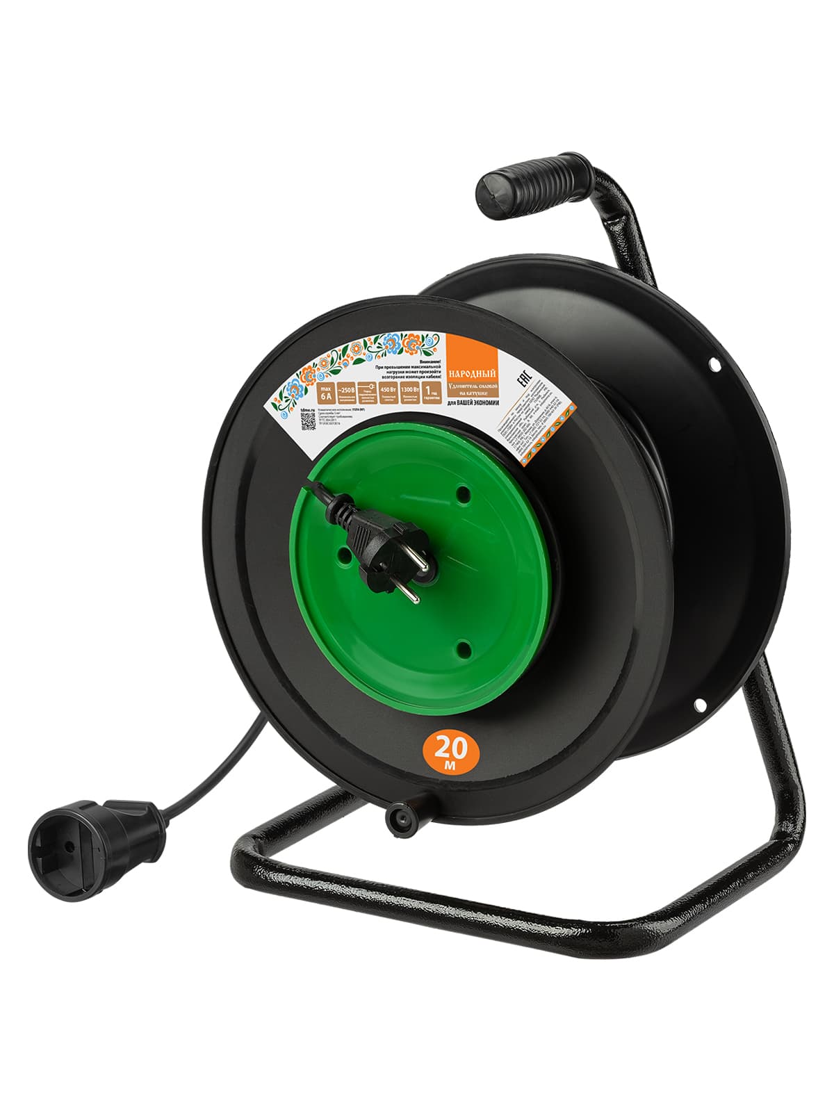 Удлинитель на катушке силовой народный с 1 выносной роз. ПВС 1300 Вт б/з, 20м УС-11081 (УСн 110 0001)