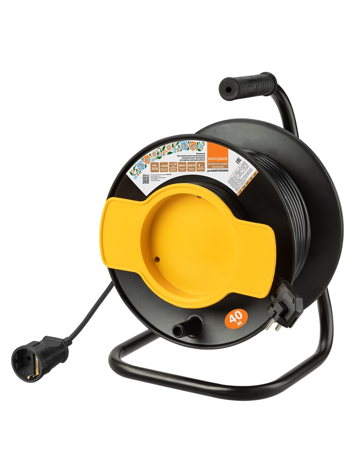 Удлинитель на катушке силовой народный с 1 выносной роз. ПВС 2200 Вт с/з, 40м УС1-12101 (УСн1 120 0001)