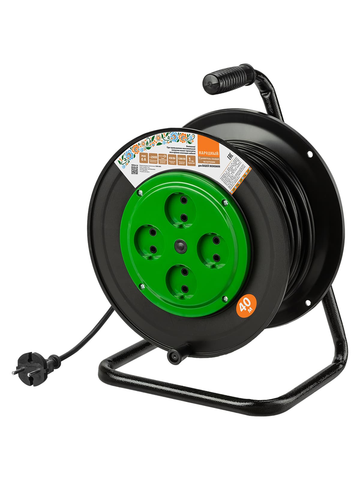 Удлинитель на катушке силовой народный 4 гнезда ПВС 1300 Вт б/з, 40м УС-41134 (УСн 410 0001)