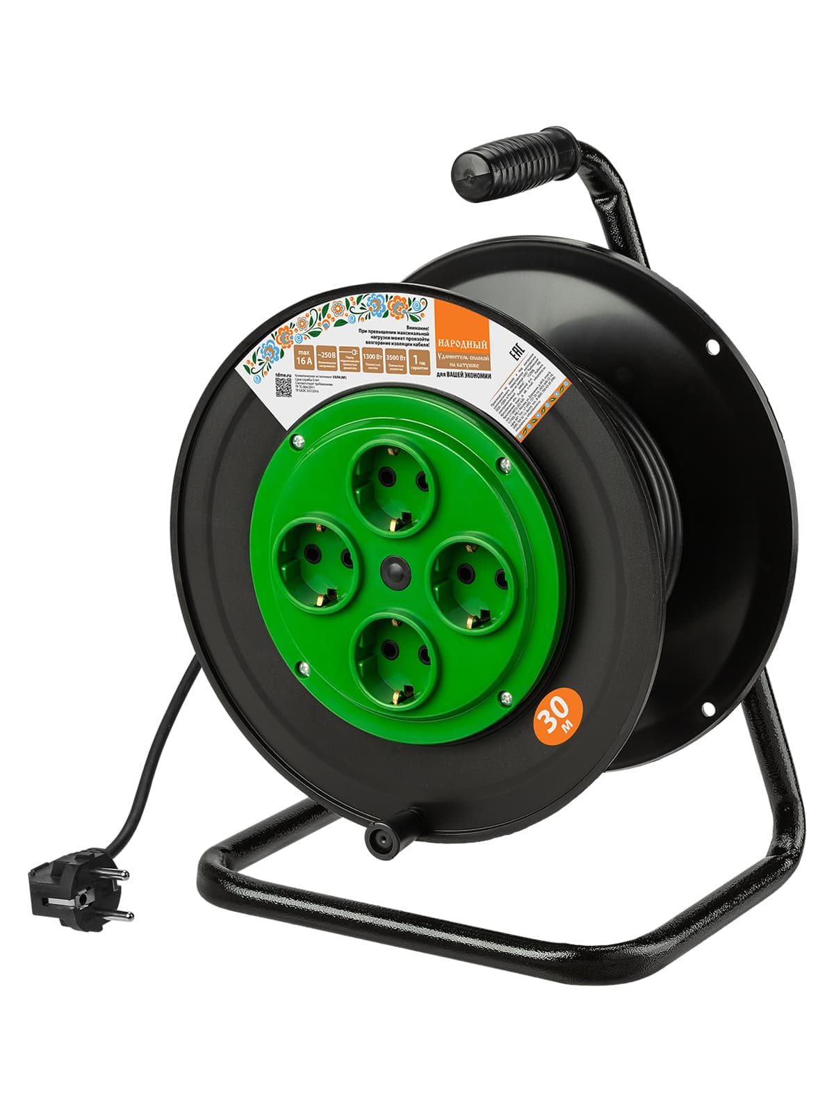 Удлинитель на катушке силовой народный 4 гнезда ПВС 3500 Вт с/з, 30м УС1-43131 (УСн1 430 0001)