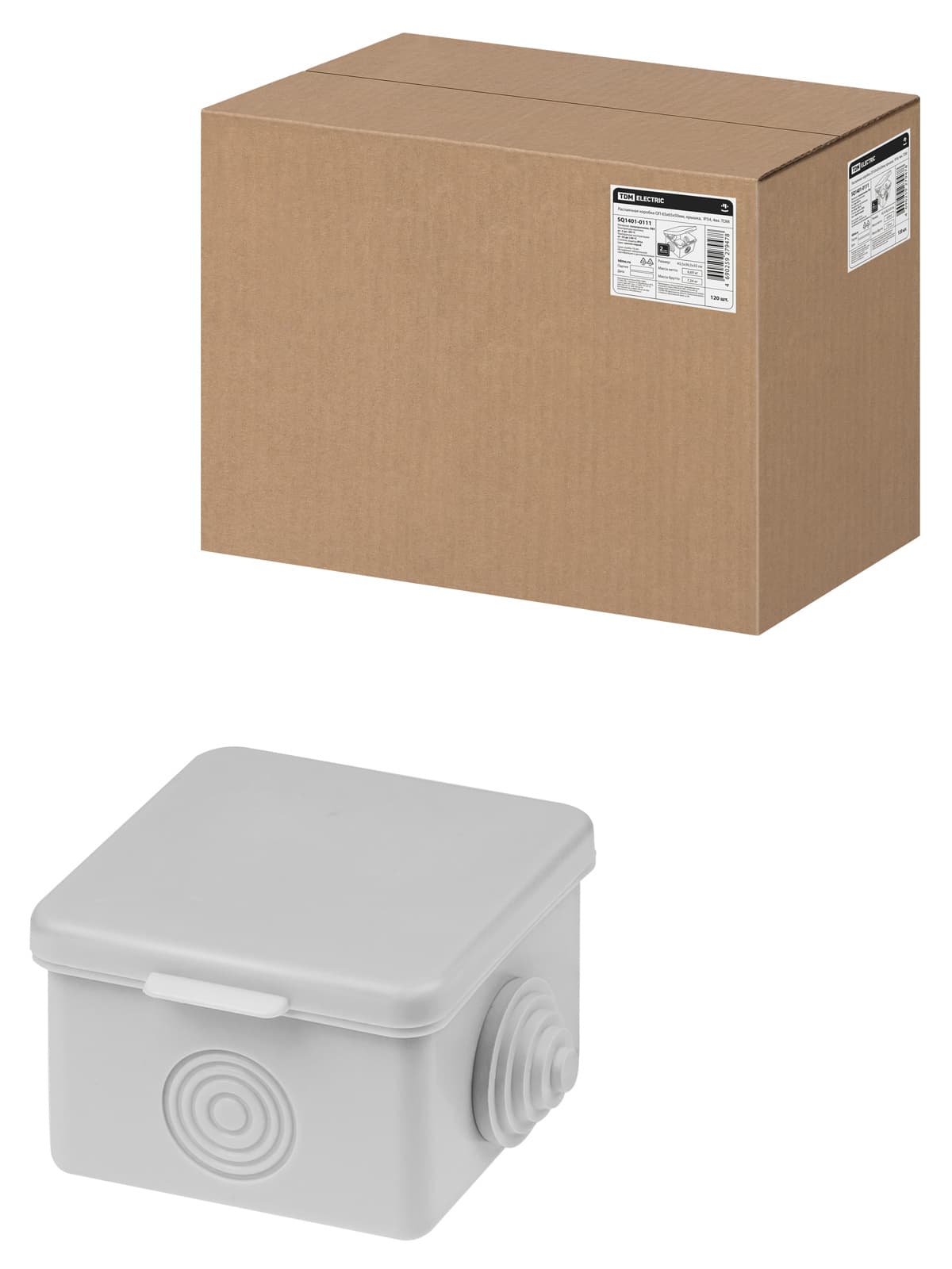 Распаячная коробка ОП 65х65х50 мм, крышка, IP54, 4 вх., HF, серая TDM