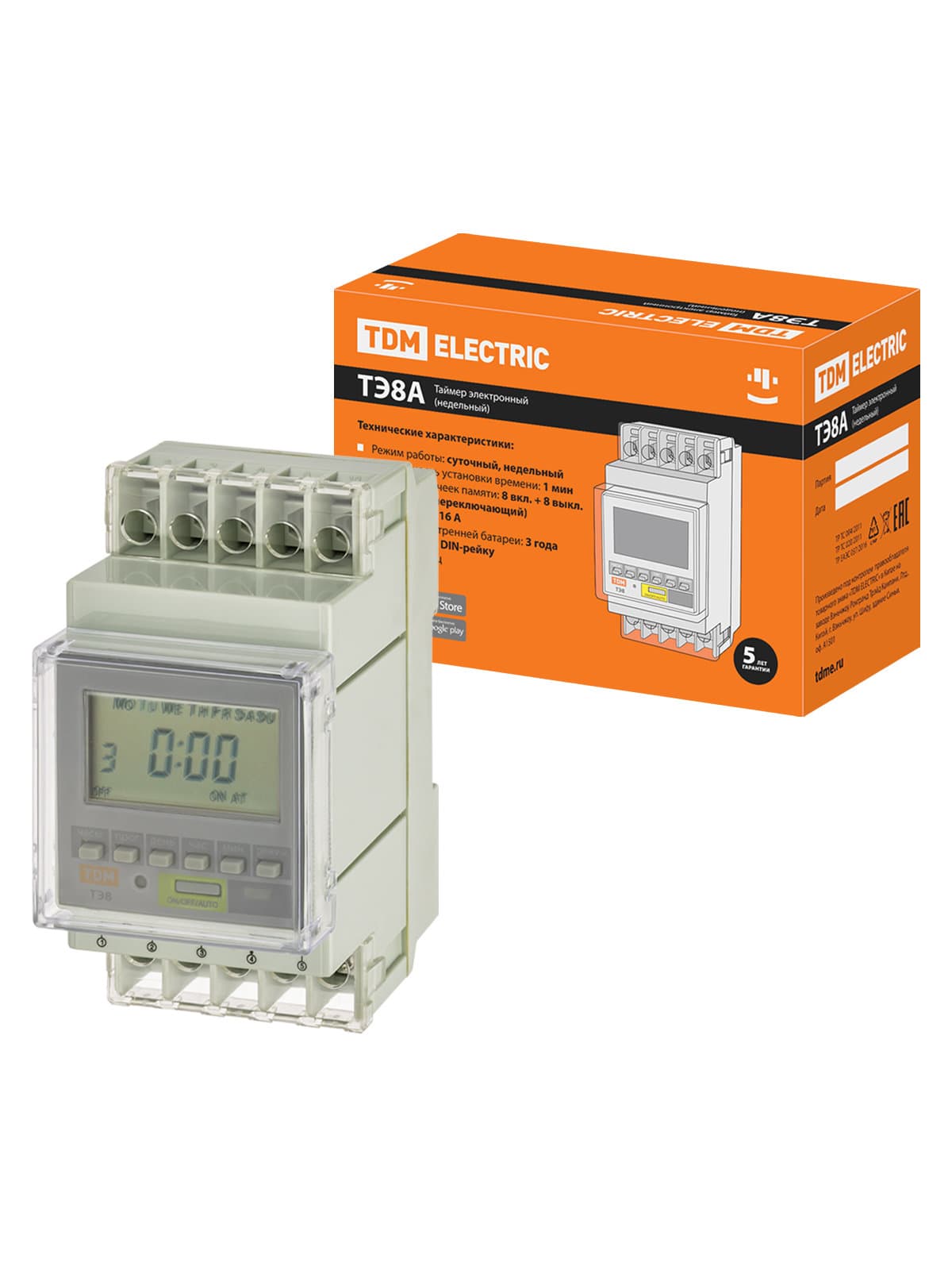 Таймер электронный на DIN-рейку ТЭ8A-1мин/7дн-8on/off-16А-DIN TDM