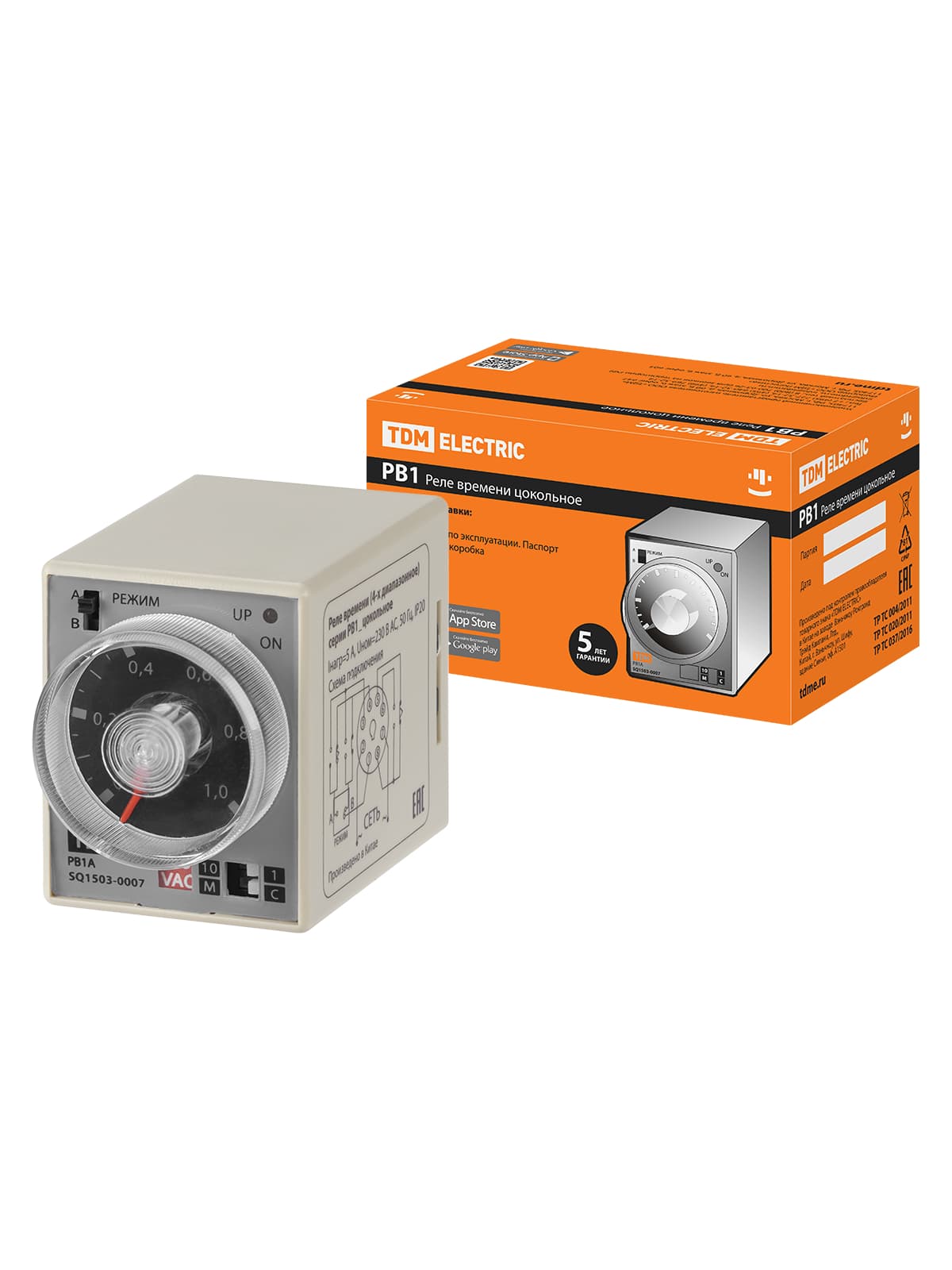 Реле времени 4-диапазоннное 2 режима цокольное РВ1A-2реж-1сек/10мин-5А-230В-8Ц TDM