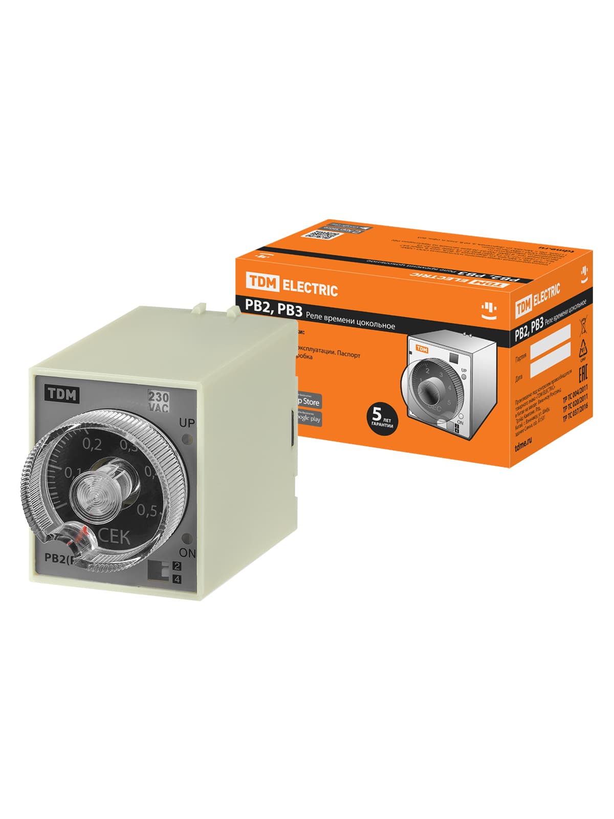 Реле времени 4-диапазоннное цокольное РВ2A-0,5сек/3мин-5A-230В-8Ц TDM