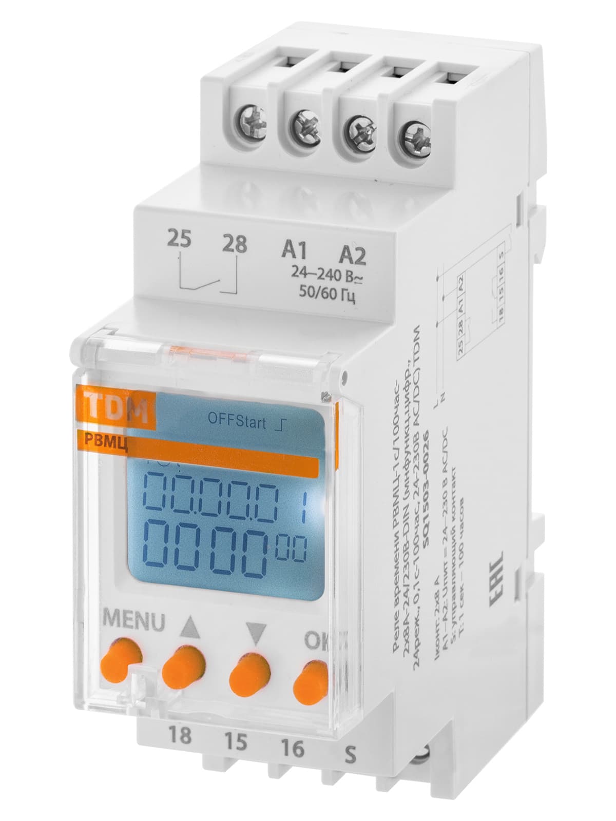Реле времени РВМЦ-1с/100час-2х8А-24/230В-DIN (мнф.цифр., 24реж., 1с-100час, 24-230В АС/DC) TDM