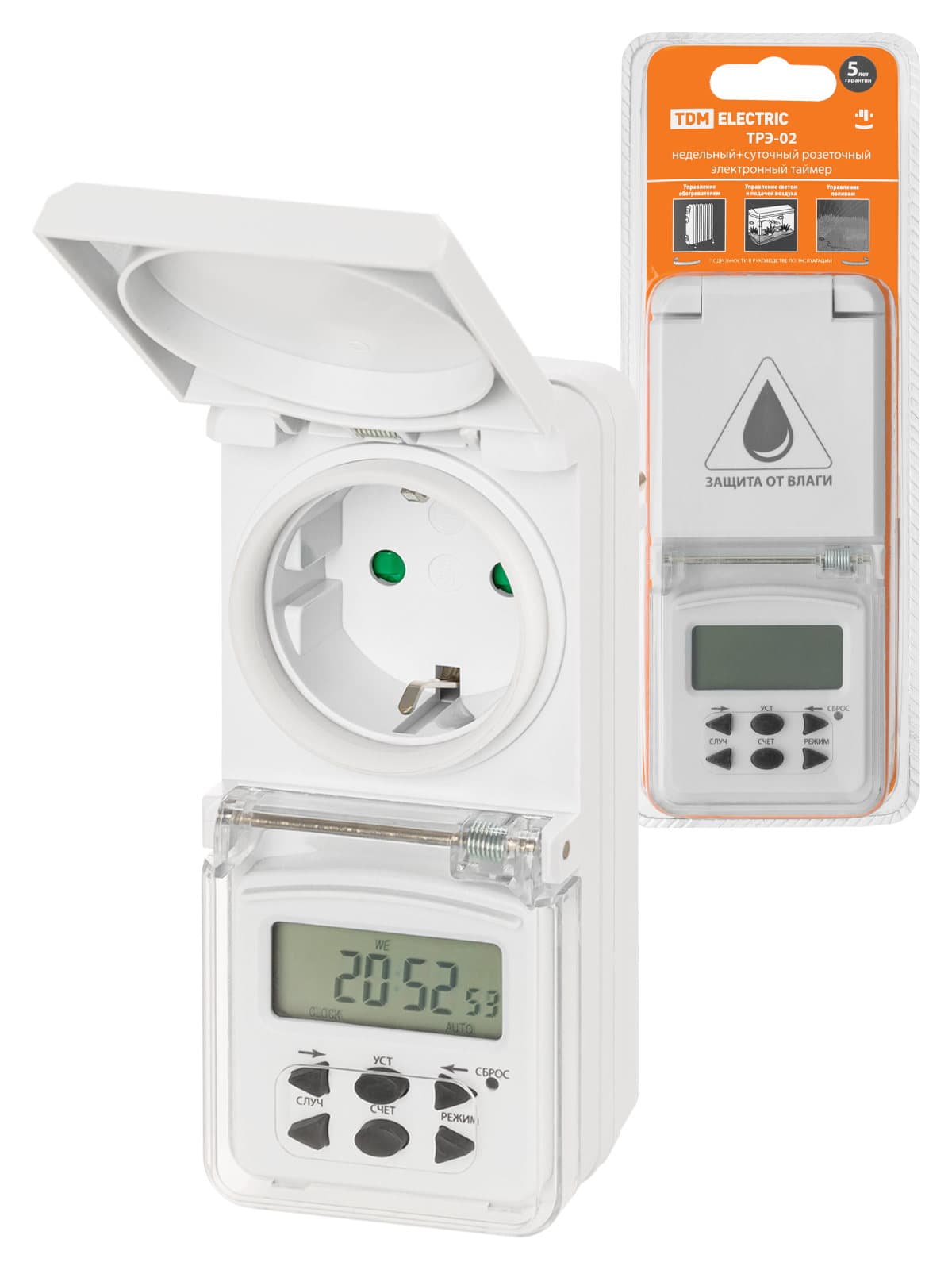 Таймер розеточный электронный ТРЭ-02-1мин/7дн-10on/off-8А (недельный, защита от влаги) TDM