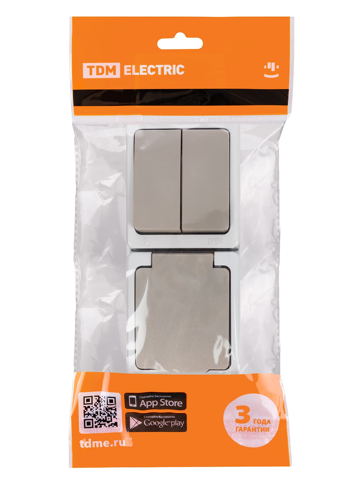 Блок (вертикальный) выключатель 2-кл. + розетка 2П+З с з/ш БКВР IP54 серый "Вуокса" TDM