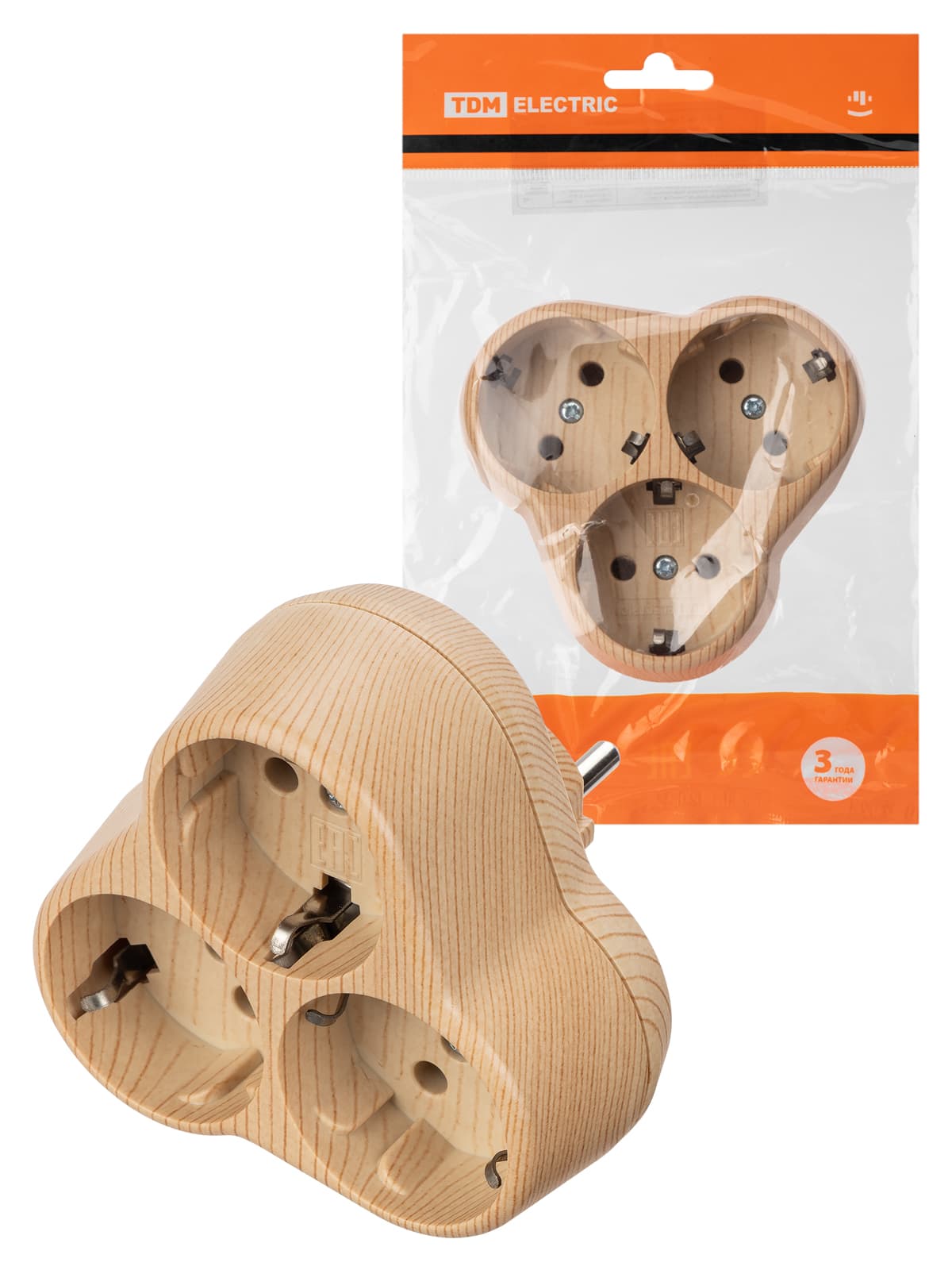 Блок на 3 гнезда 2П+З круглый 16А 250B "Эко" (сосна) TDM