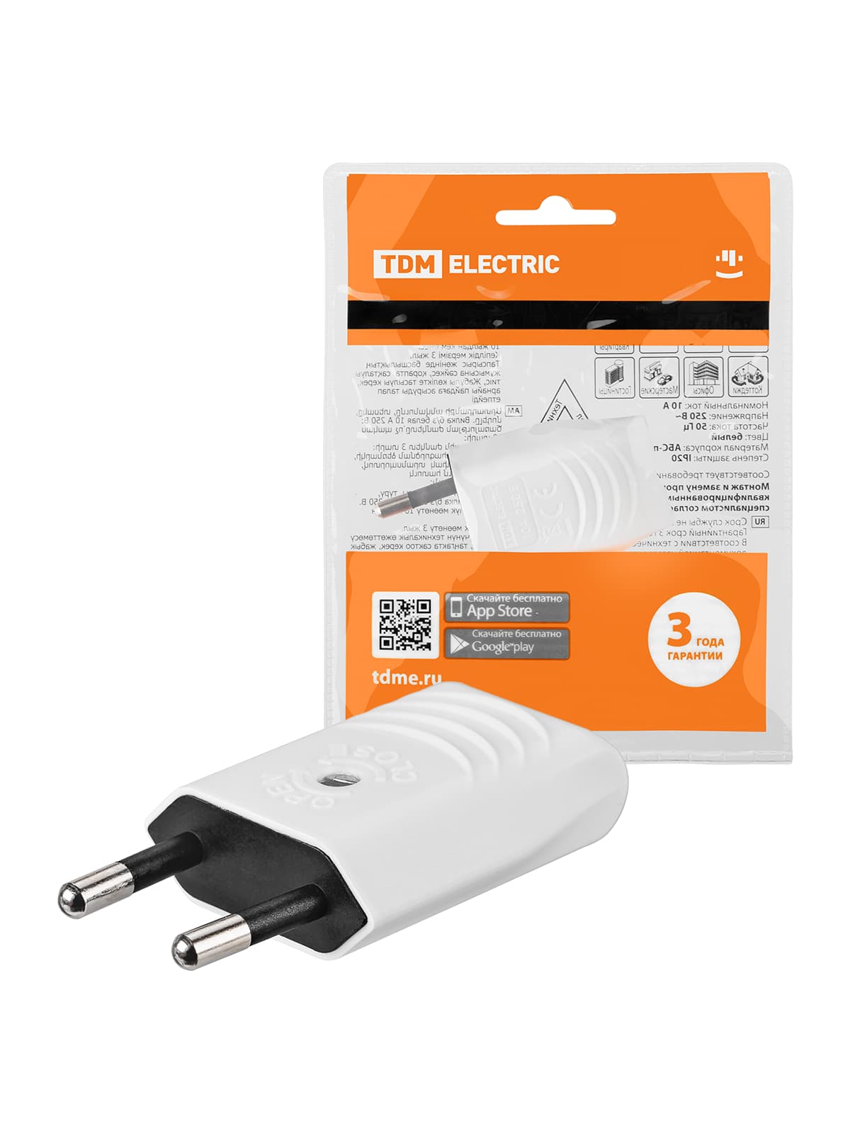 Вилка б/з белая 10А 250В (евровилка CEE 7/16) прямой вывод проводника TDM