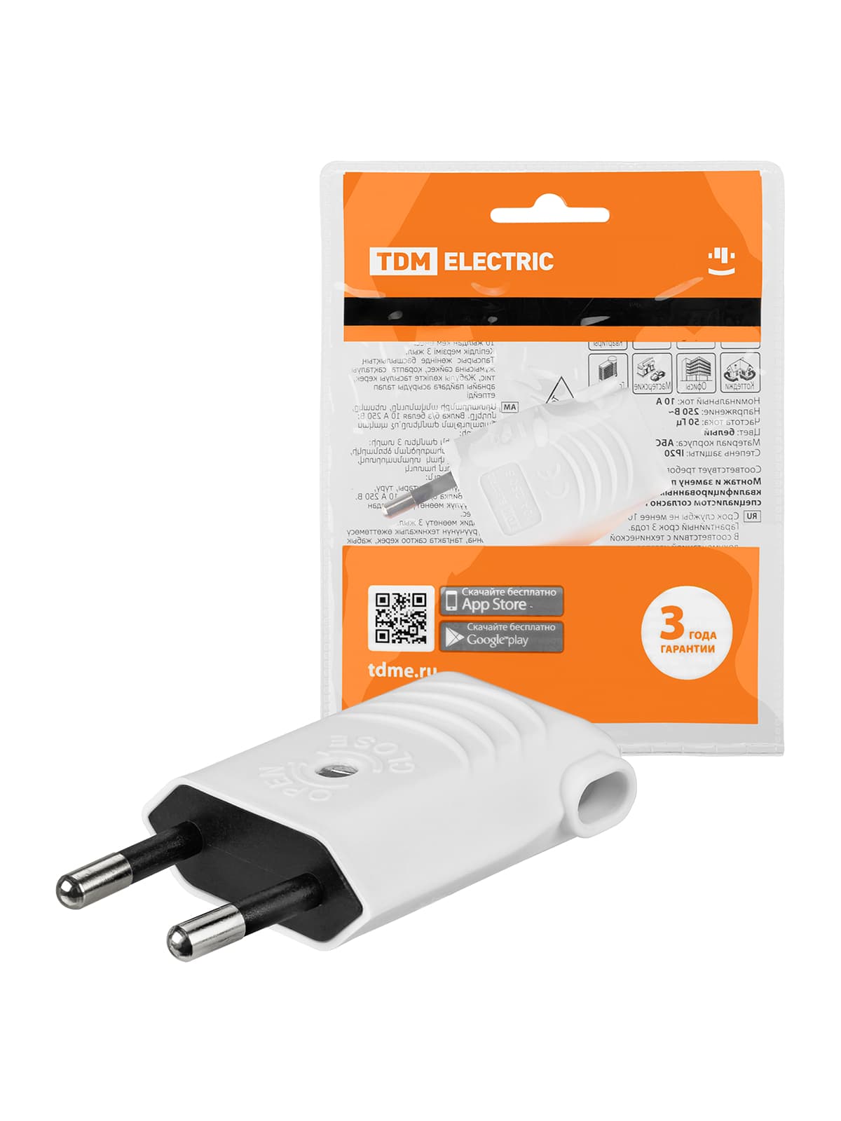 Вилка б/з белая 10А 250В (евровилка CEE 7/16) угловой вывод проводника TDM