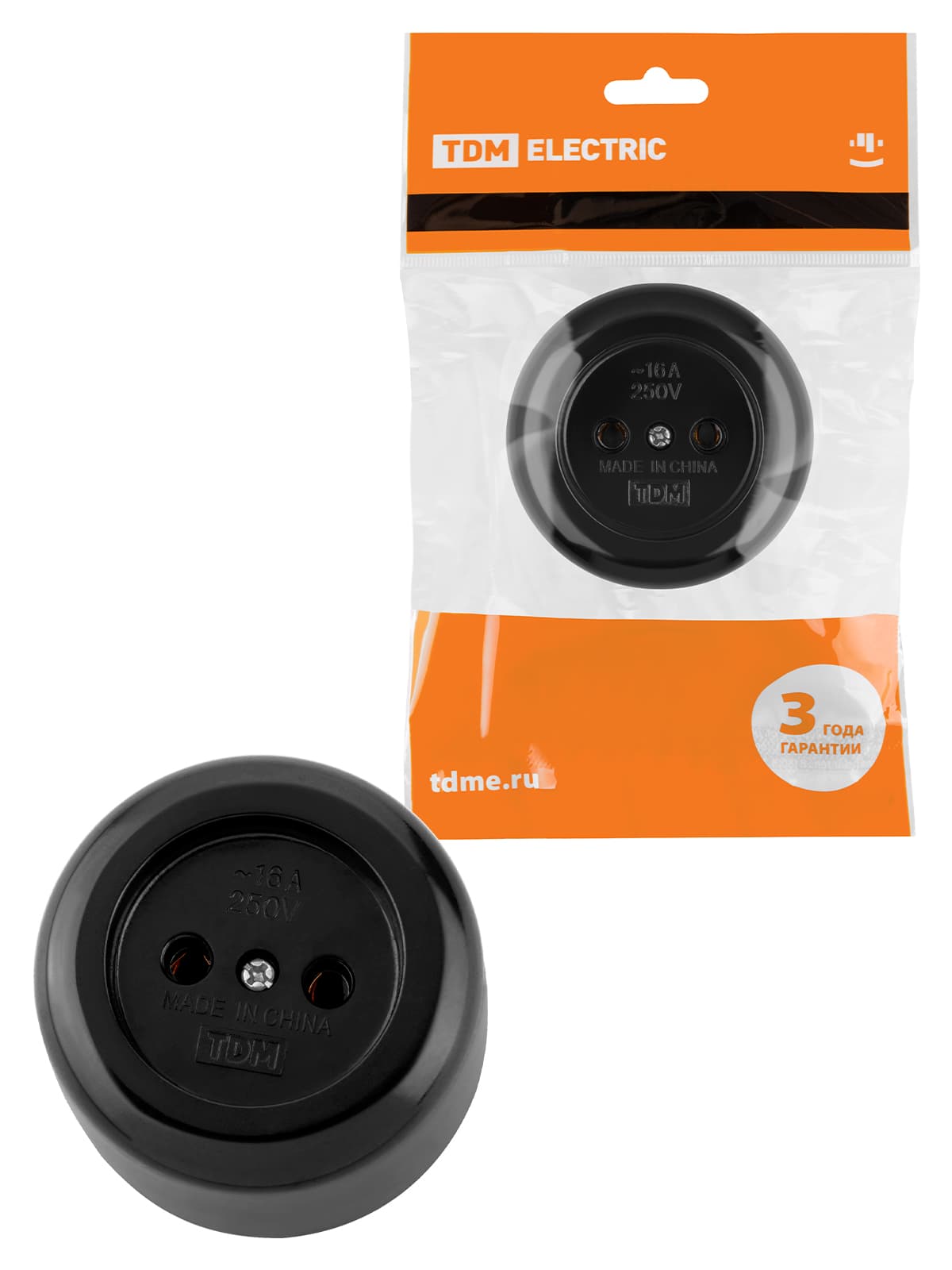 Розетка 2П 16А 250B о/у черная "Ретро" (карболит) TDM