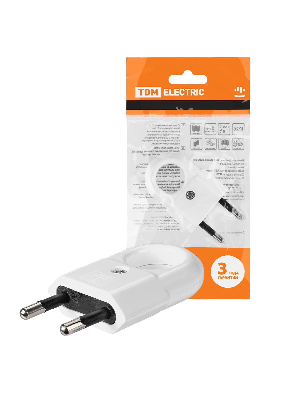 Вилка б/з с кольцом белая 10А 250В (евровилка CEE 7/16) TDM