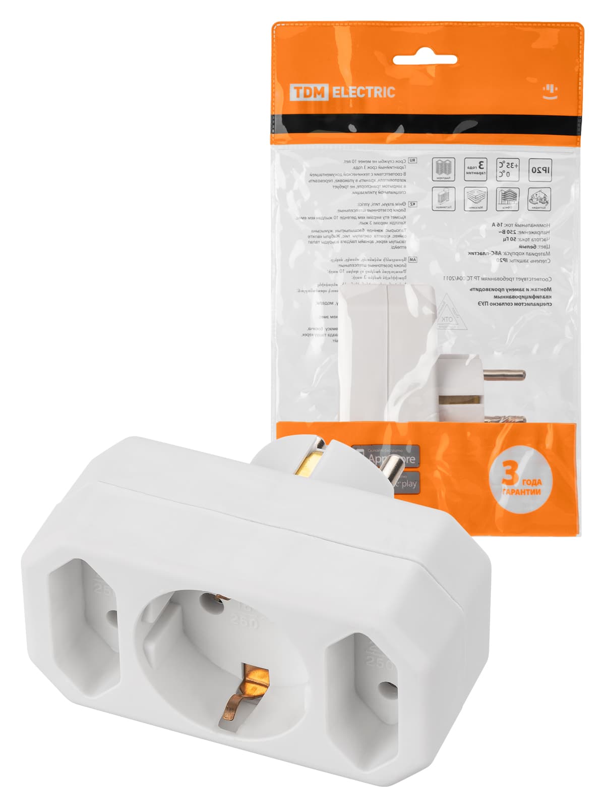 Блок на 3 гнезда: 1x2П+3 16 А + 2х2П 2,5 А под плоскую вилку 250 B белый TDM