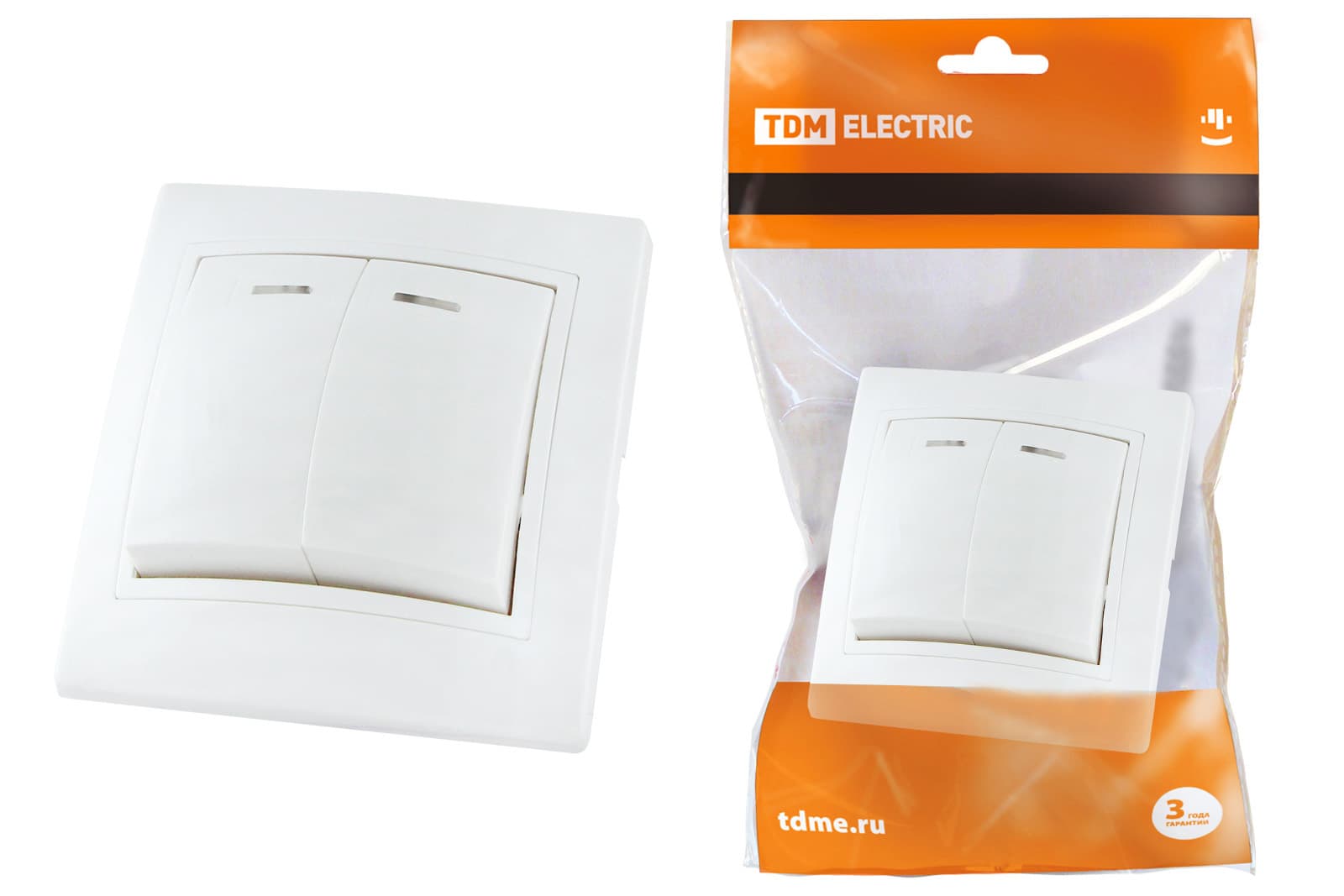 Выключатель 2 кл. с подсветкой 10А (основание керамика) белый "Таймыр" TDM