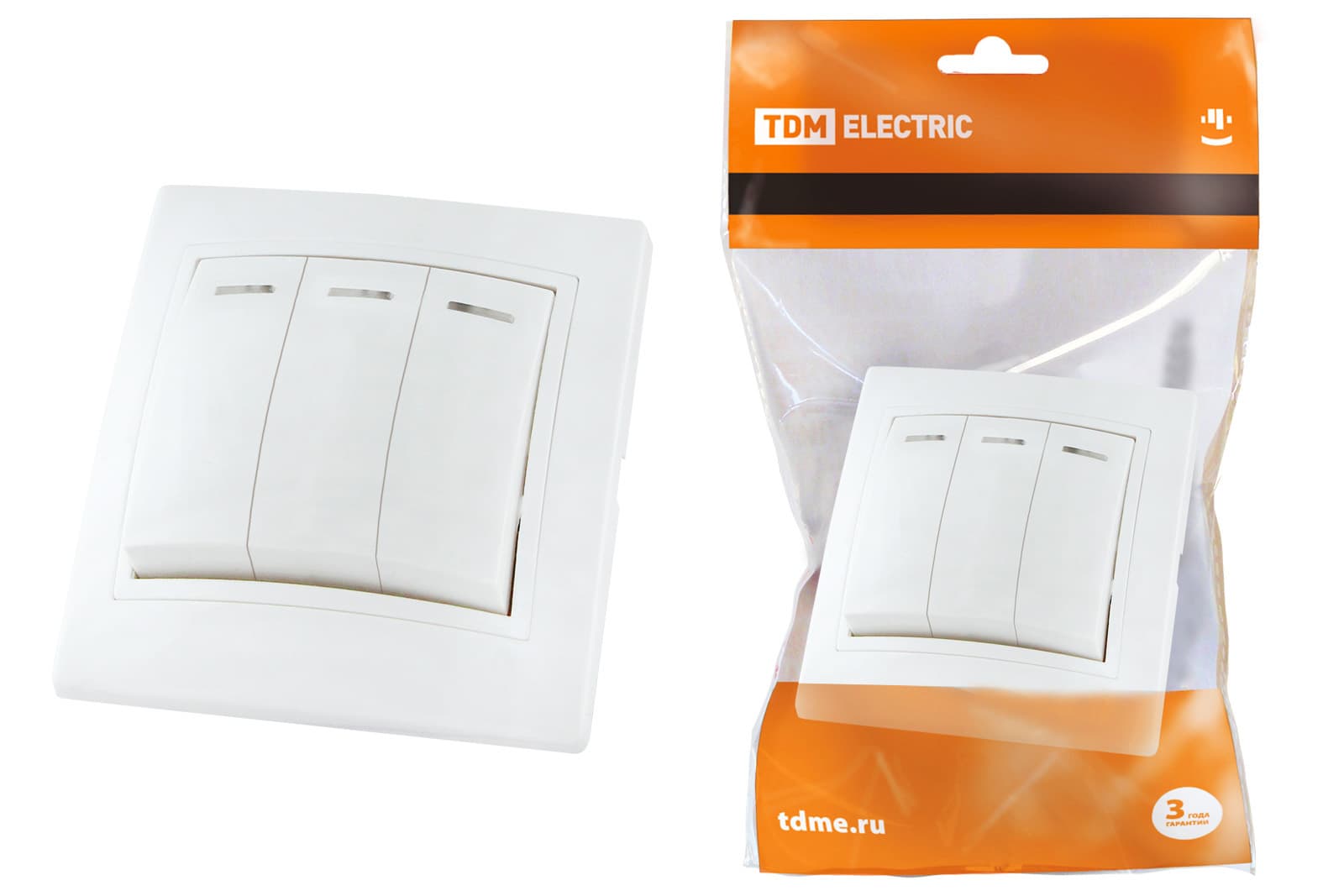 Выключатель 3 кл. с подсветкой 10А (основание пластик) белый "Таймыр" TDM