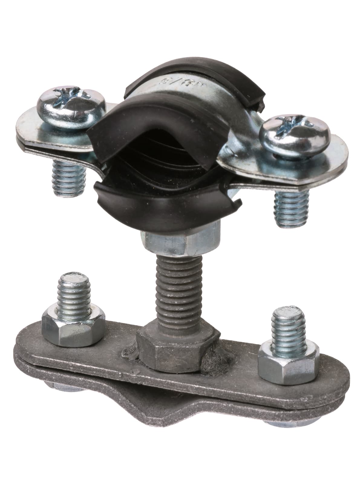 Держатель хомут с резиновым уплотнением Ø15-19 мм для прута Ø6-10 мм, стальной зажим, термодиффузия (упак. 1 шт.) TDM