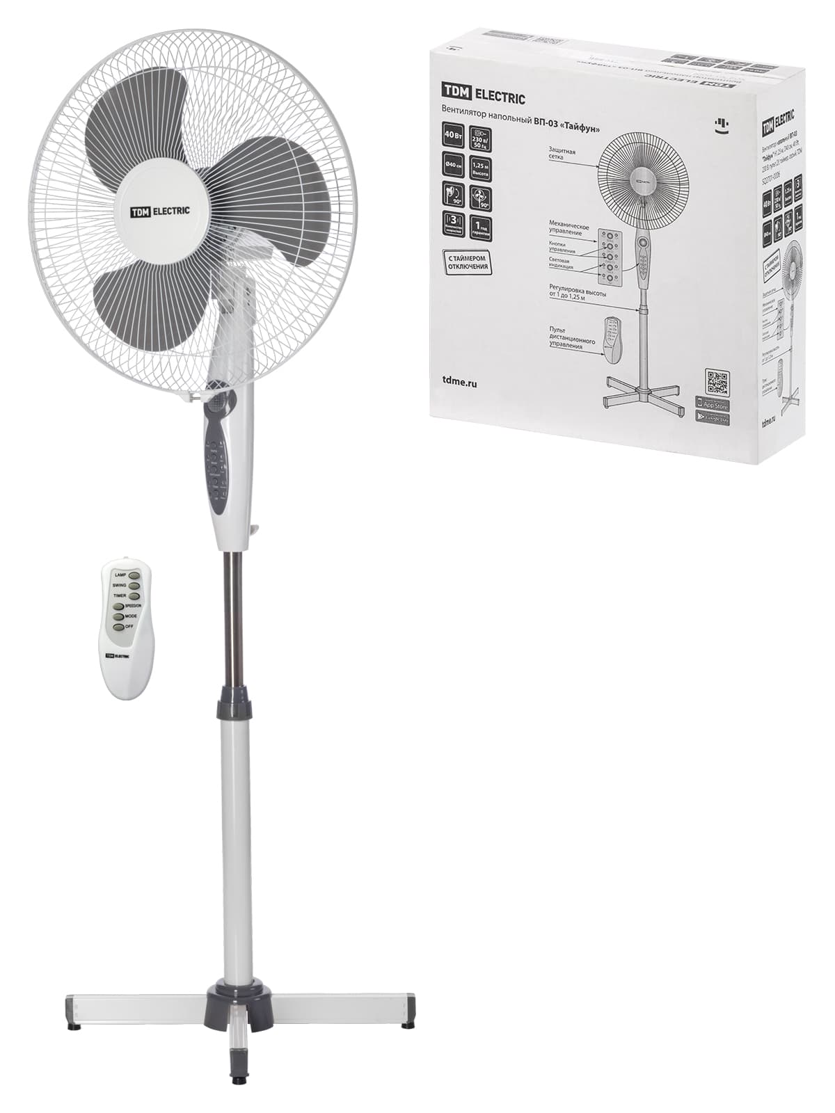 Вентилятор напольный ВП-03 "Тайфун" H1,25 м, D40 см, 40 Вт, 230 В, пульт ДУ, таймер, серый, TDM