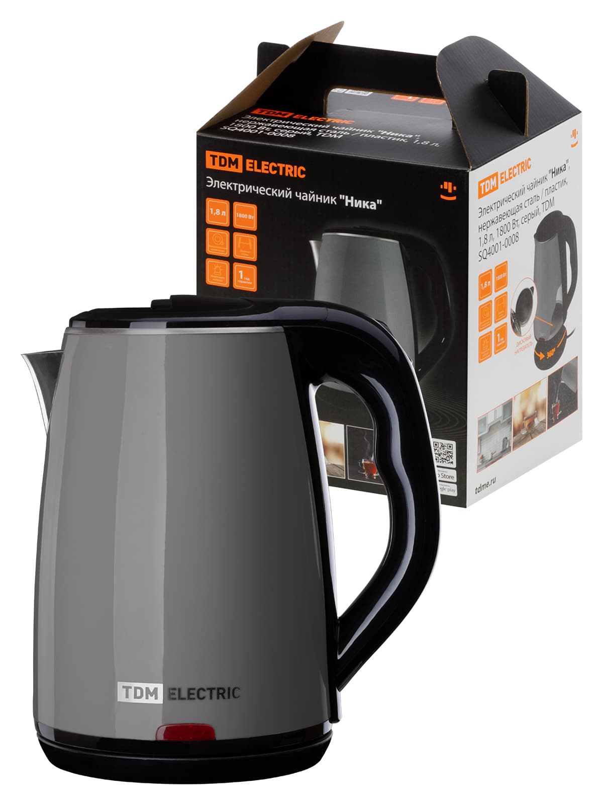 Электрический чайник "Ника", нержавеющая сталь / пластик, 1,8 л, 1800 Вт, серый, TDM