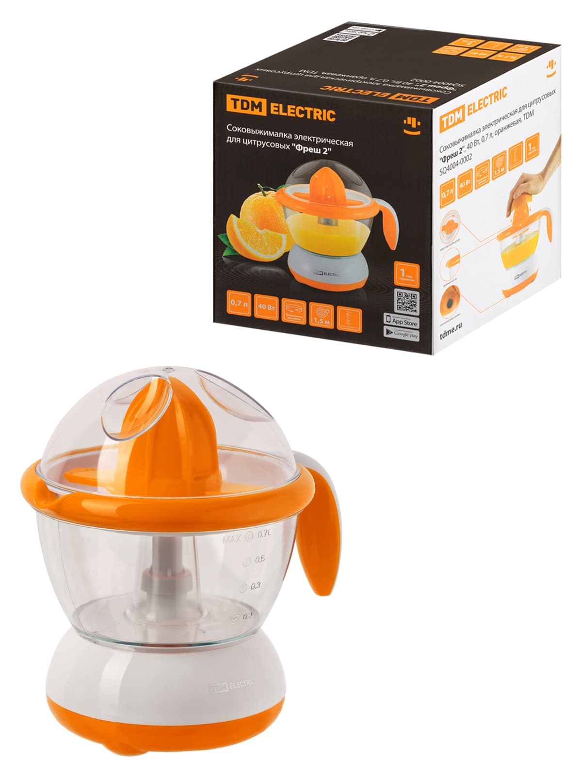 Соковыжималка электрическая для цитрусовых "Фреш 2", 40 Вт, 0,7 л, оранжевая, TDM