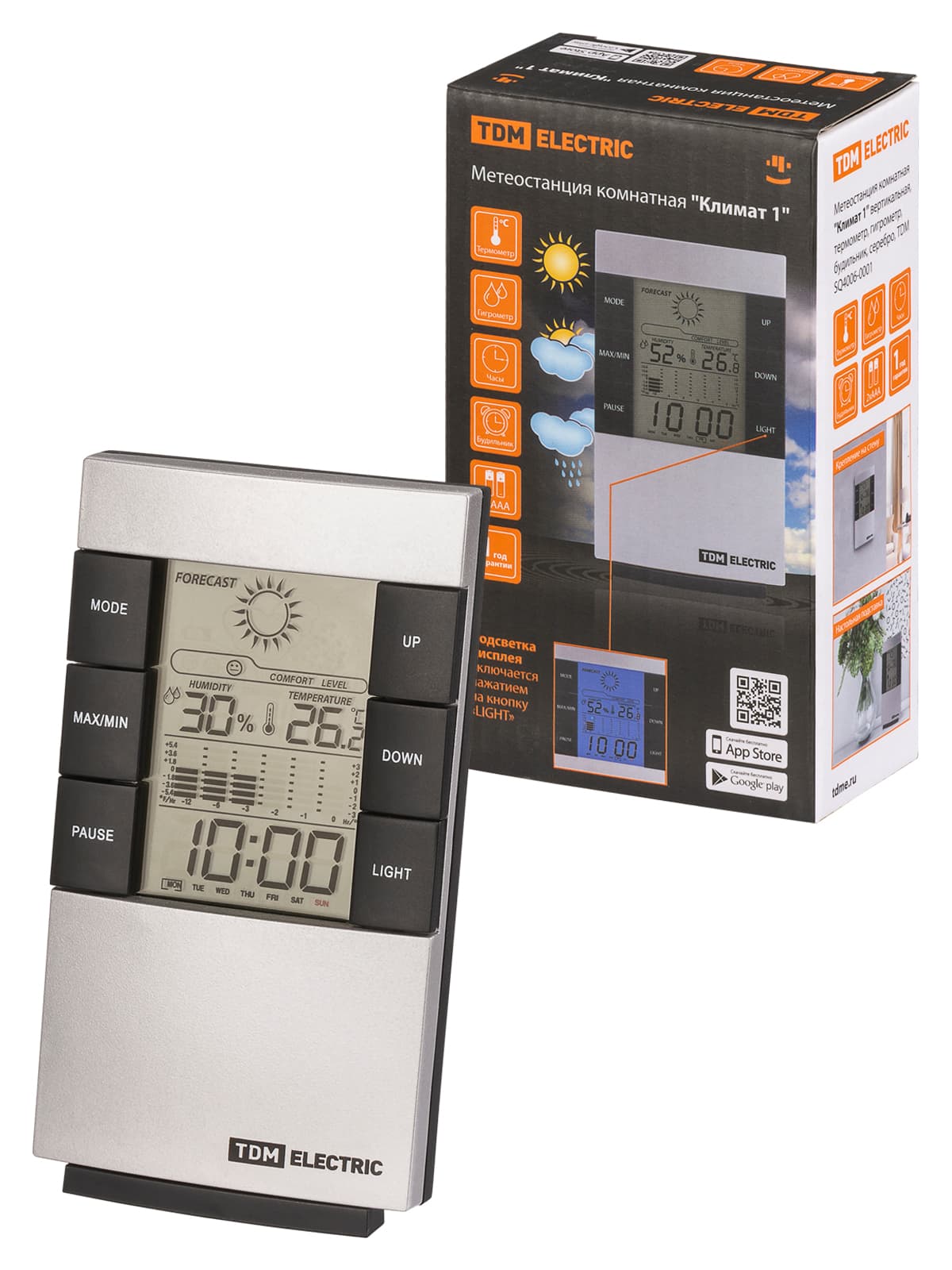 Метеостанция комнатная "Климат 1" вертикальная, термометр, гигрометр, будильник, серебро, TDM