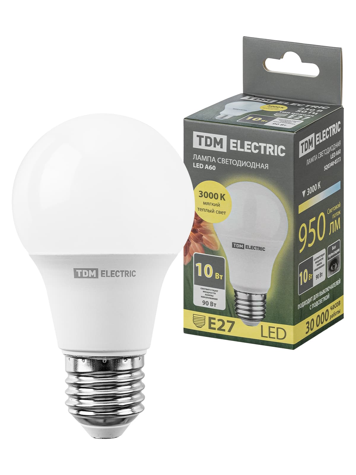 Лампа светодиодная А60 10 Вт, 230 В, 3000 К, E27 TDM