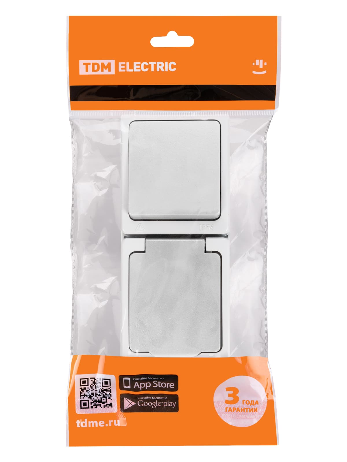 Блок (вертикальный) выключатель 1-кл. + розетка 2П+З с з/ш БКВР IP54 белый "Вуокса" TDM