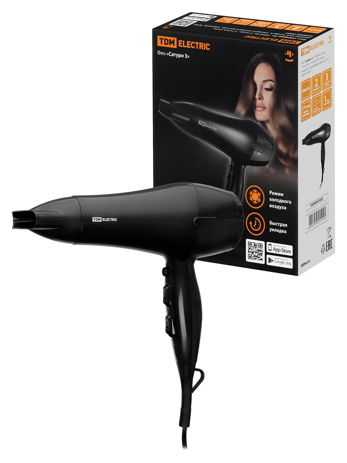 Фен "Сатурн 3", 2000 Вт, 2 скор., 3 темп. реж., режим хол. воздух, насадка-концентратор, черный, TDM