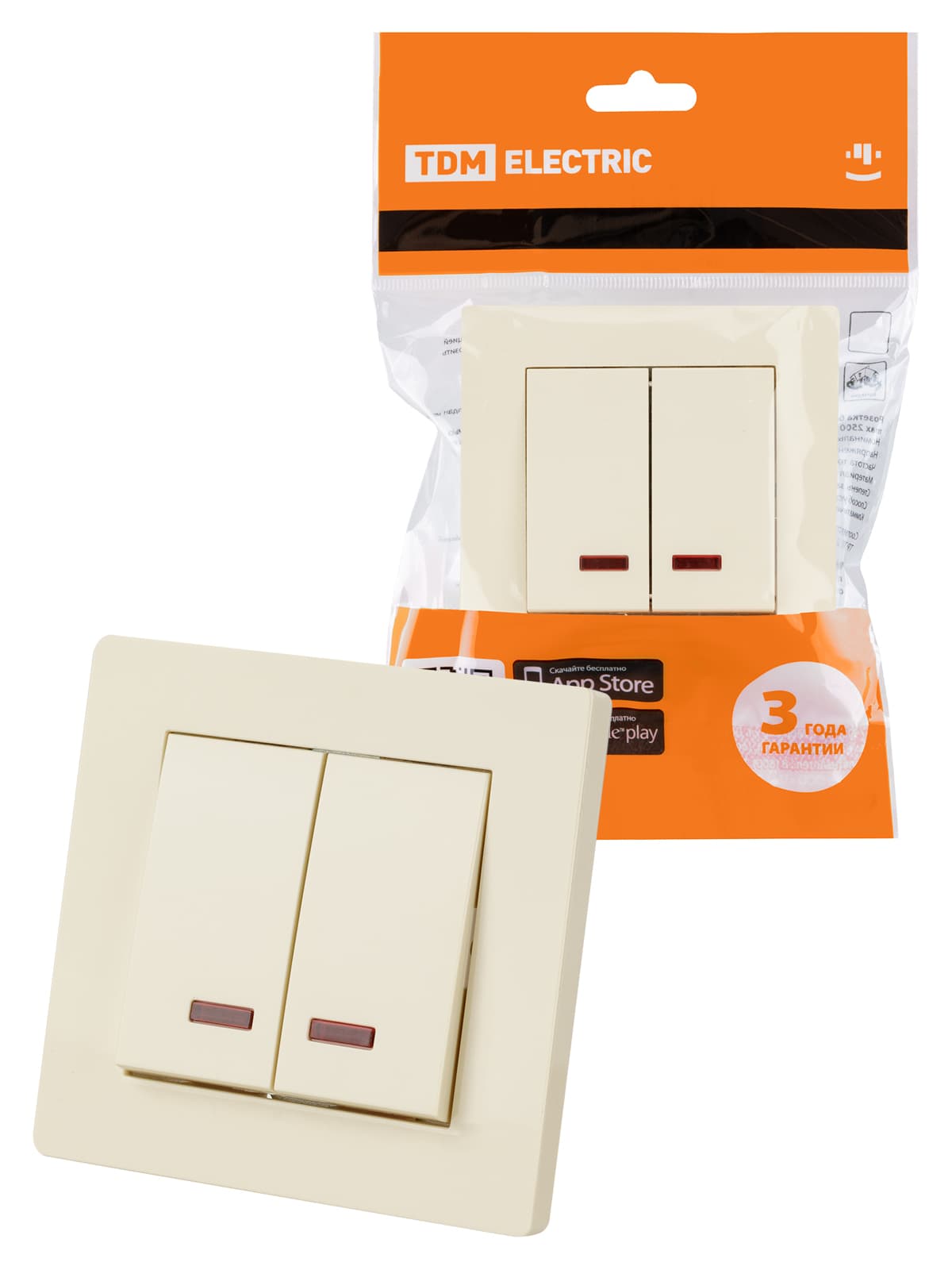 Выключатель 2 кл. с подсветкой 10А сл. кость "Сенеж" TDM