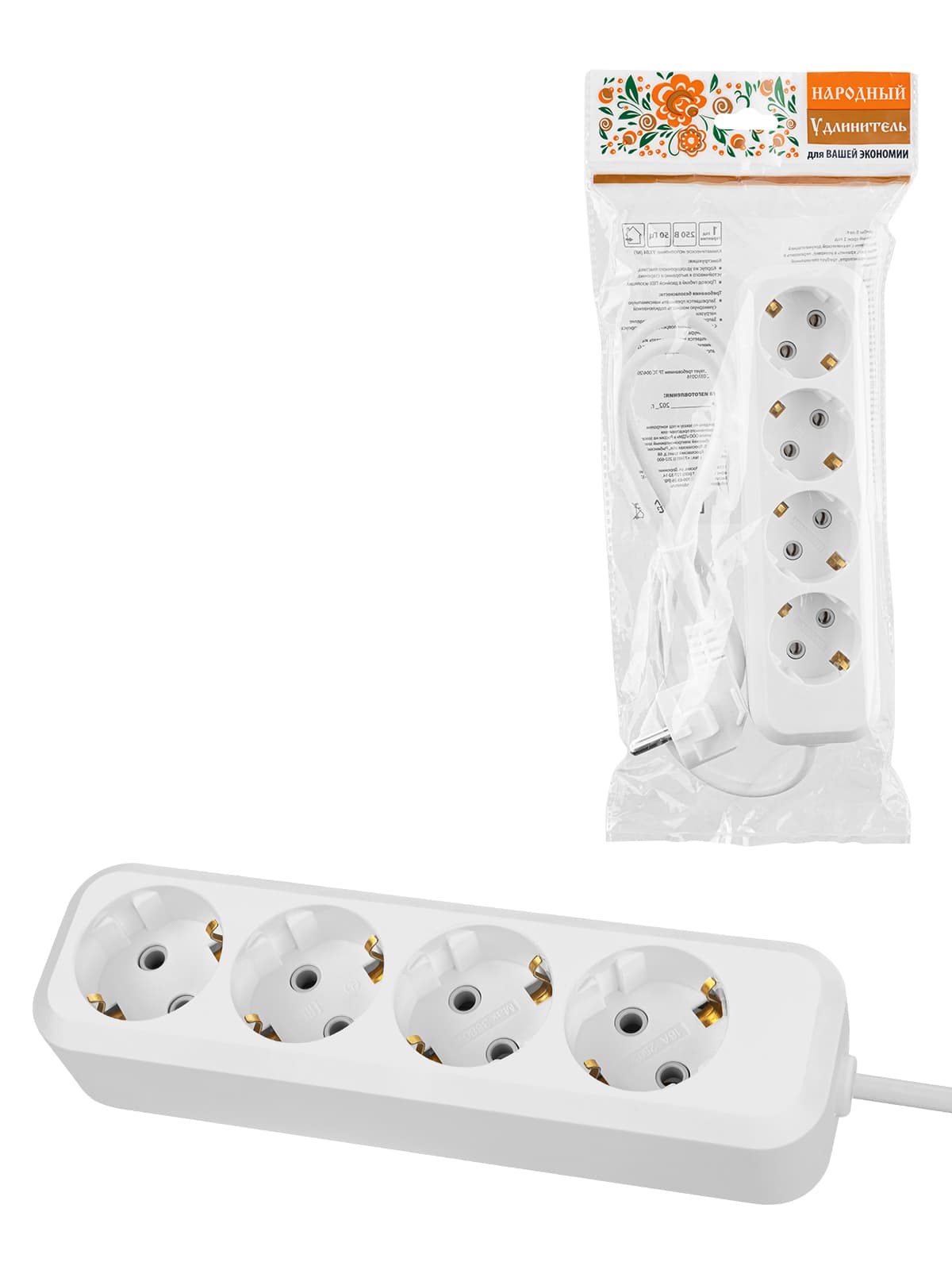 Удлинитель 4 гнезда, 5 метров, с/з, 16 А, 3680 Вт, белый, НАРОДНЫЙ У1-43053 (Ун1 430-0001)