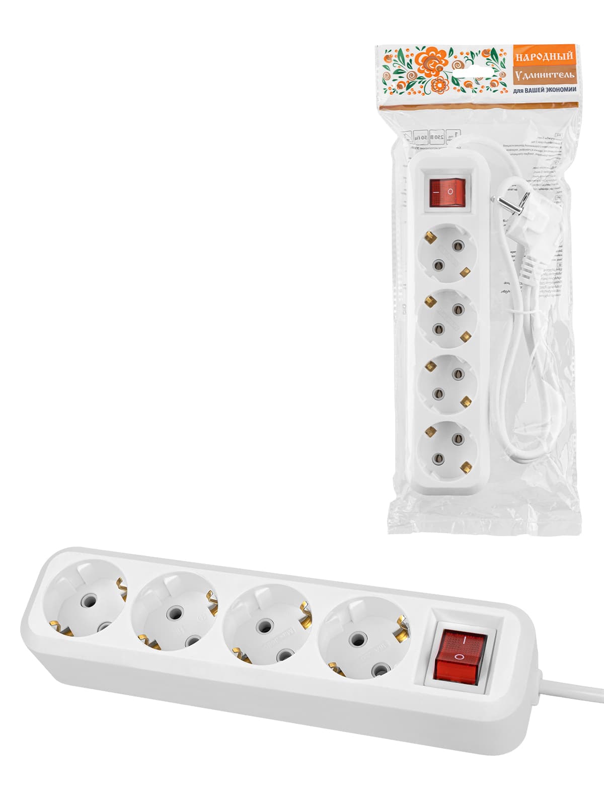 Удлинитель 4 гнезда, 7 метров, с/з, выкл., 16 А, 3680 Вт, белый, НАРОДНЫЙ У1-43059 (Ун1 431-0001)