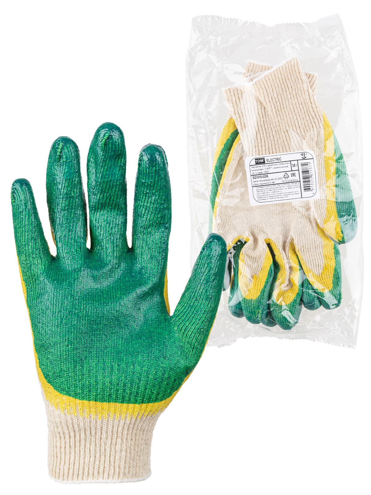 Перчатки х/б с двойным латексным покрытием "ЛАЙТ", трикотажные, 13, 1 пара, TDM