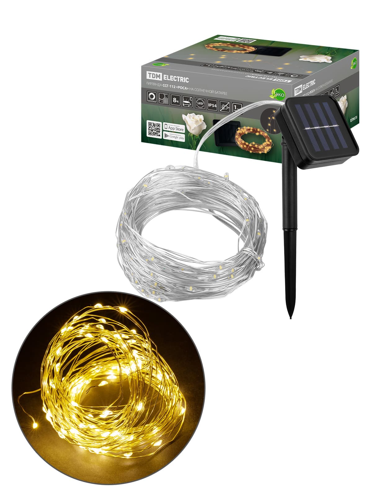 Гирлянда CCГ-112 "Роса" на солнечной батарее, 10 м, 100 LED, теплый белый, IP54, TDM