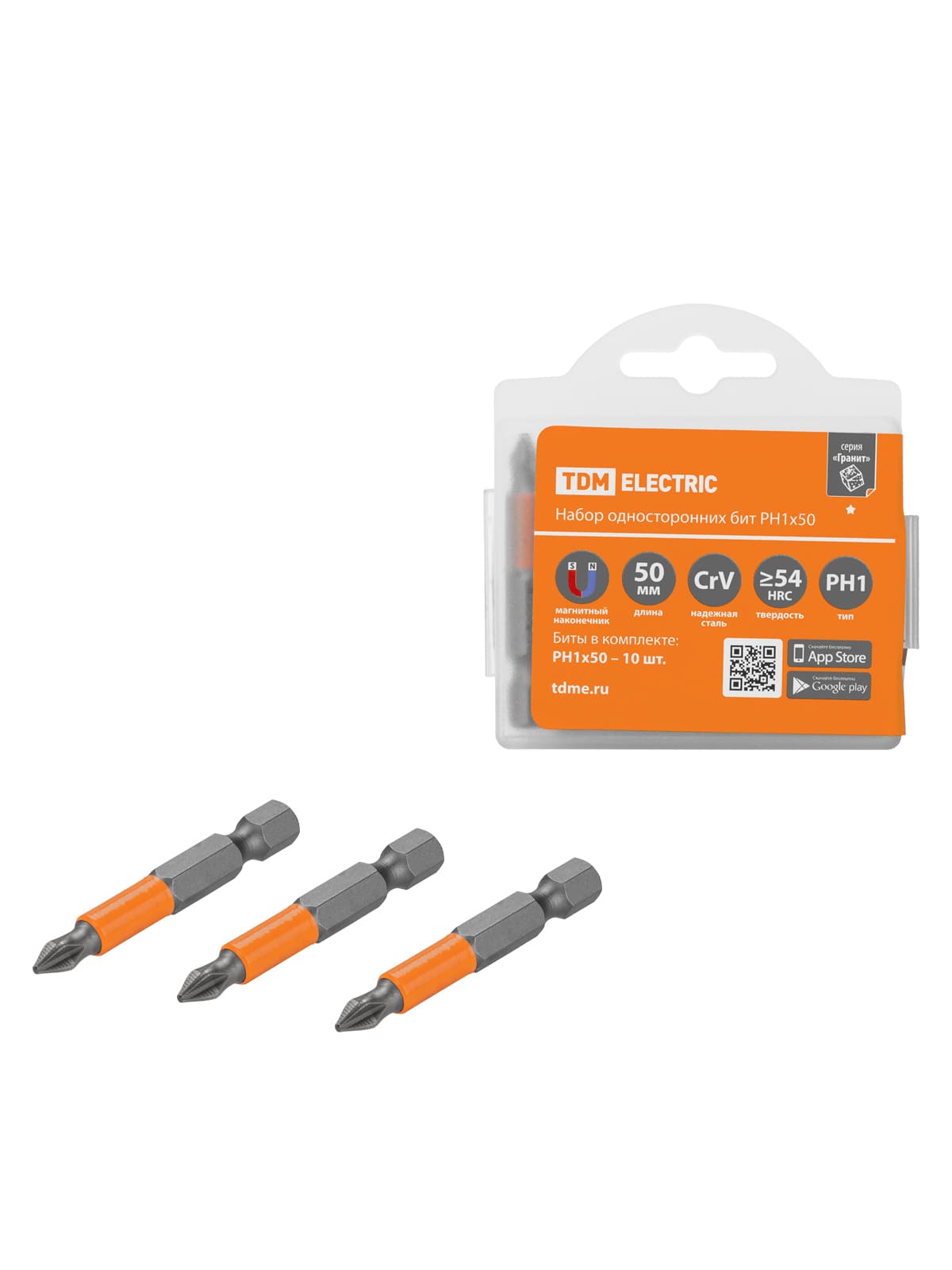 Набор бит PH1x50, односторонних, сталь CrV, Е 1/4", 10 шт., «Гранит» TDM
