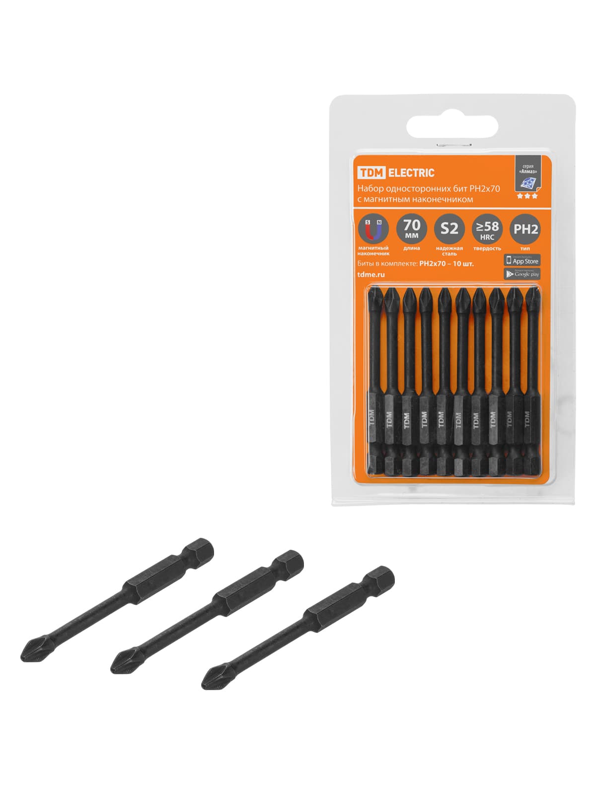 Набор бит PH2x70, односторонних, сталь S2, Е 1/4", намагниченные, торсионные, 10 шт., «Алмаз» TDM