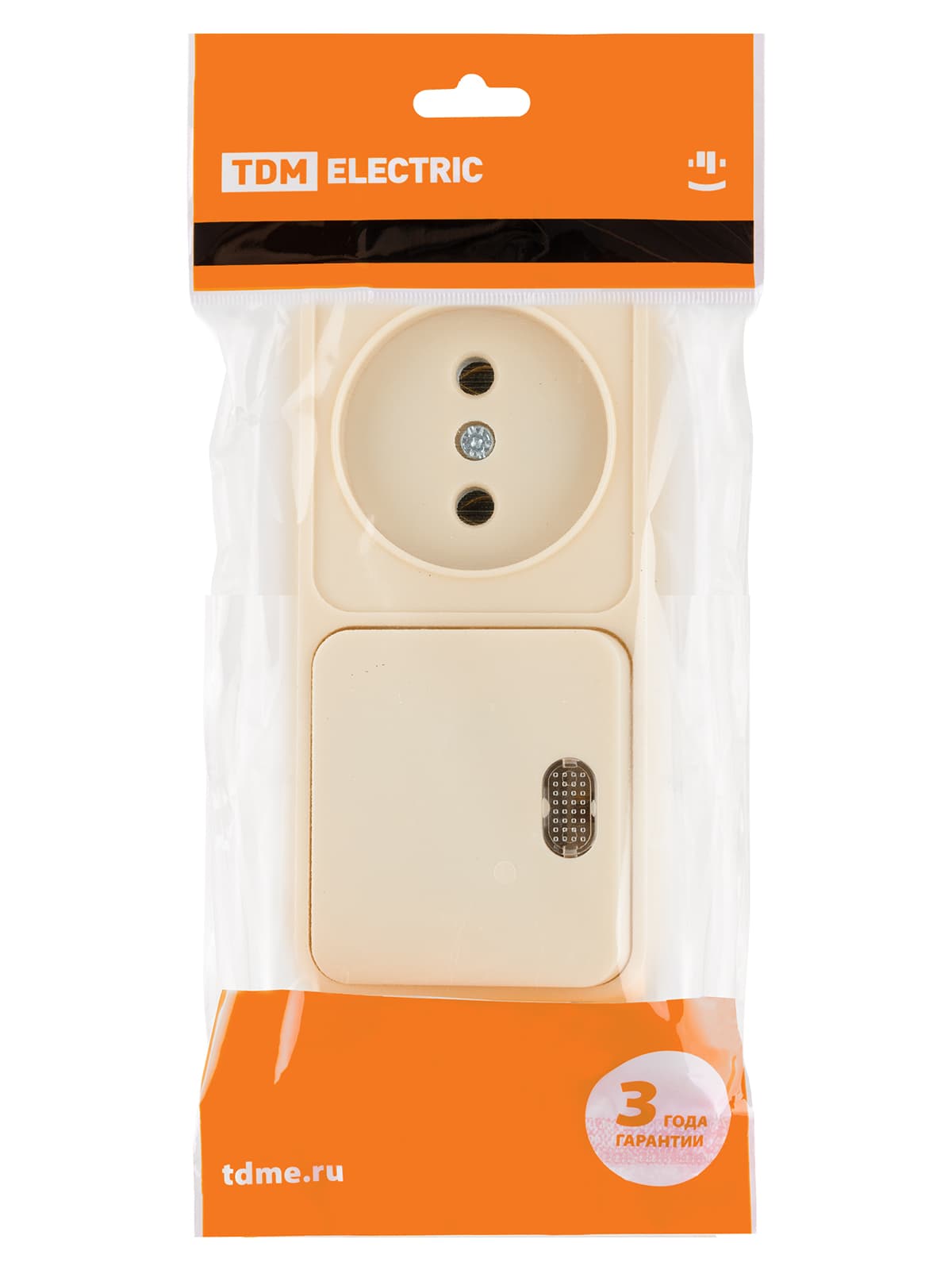 Блок комбинированный выключатель 1-кл. с подсветкой 10А + розетка 2П 10А 250В БКВР IP20 сл. кость "Ладога" TDM