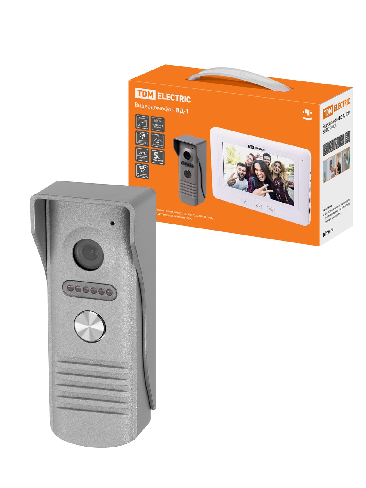 Видеодомофон ВД-1 (размер экрана монитора 7 дюймов, разрешение экрана 0,4 Мп, разрешение видеокамеры вызывной панели 700 ТВЛ, кнопка разблокирования замка), TDM