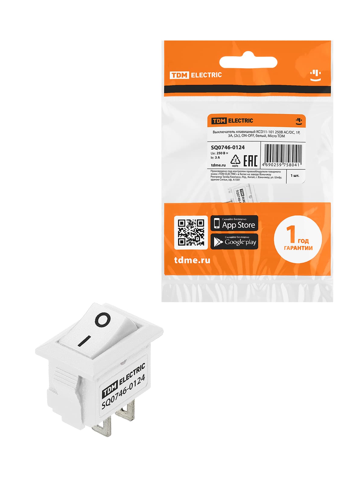 Выключатель клавишный KCD11-101 250В AC/DC, 1P, 3А, (2с), ON-OFF, белый, Micro TDM