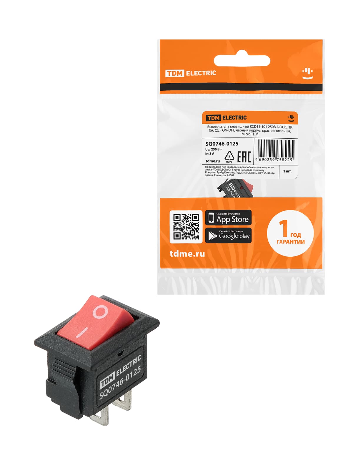 Выключатель клавишный KCD11-101 250В AC/DC, 1P, 3А, (2с), ON-OFF, черный корпус, красная клавиша, Micro TDM